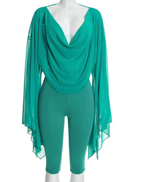 Women V-Neck Ruched Full Flare Sleeve Two Piece Capri Pant Set