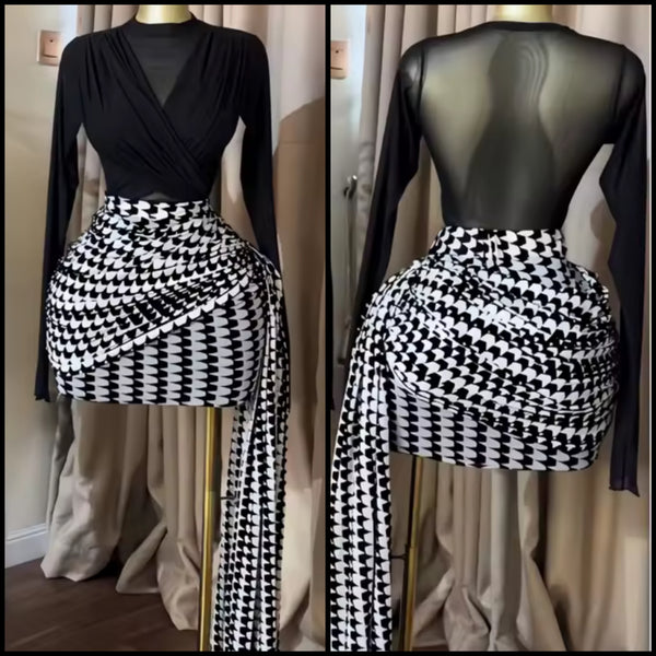 Women Sexy Black Mesh Full Sleeve Two Piece Printed Skirt Set