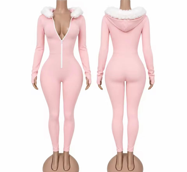 Women Zip Up Fur Hooded Full Sleeve Jumpsuit