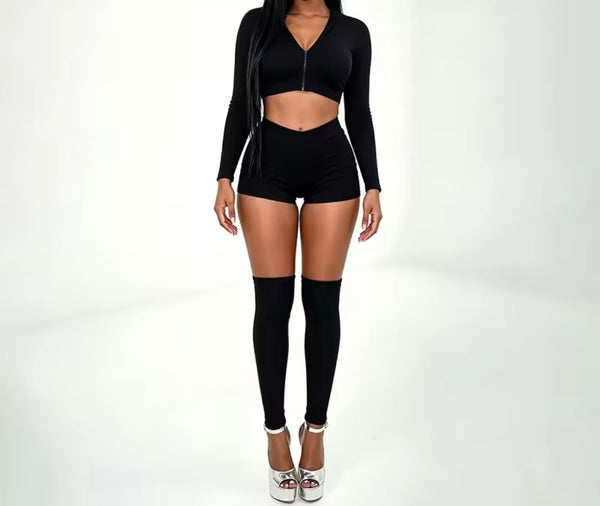 Women Fashion Zip Up Full Sleeve Crop Three Piece Short Set