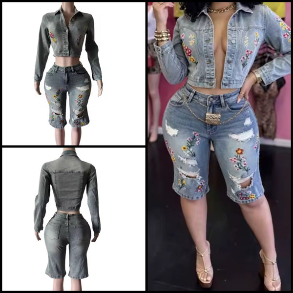 Women Fashion Floral Denim Jacket Two Piece Capri Pant Set