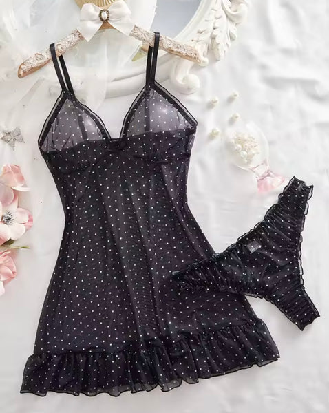 Women Sexy Sleeveless Printed Mesh Nightgown Lingerie Set