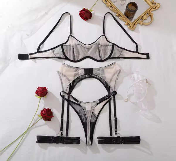 Women Sexy Black Lace Mesh Patchwork Lingerie Set