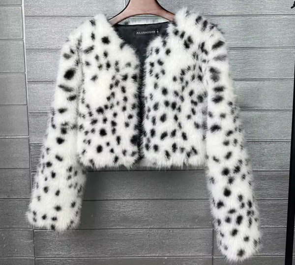 Women Fashion Mix Color Faux Fur Jacket