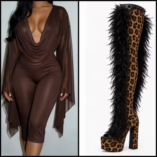 Women Open Toe Leopard Fur Over The Knee Platform High Heel Boots
