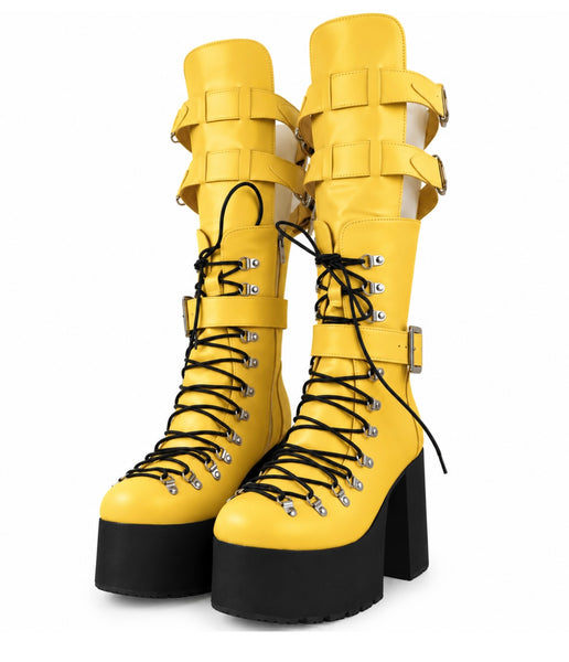 Women Color Lace Up Buckle Platform Knee High Boots