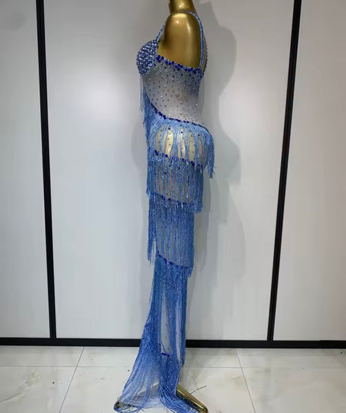 Women Sexy Rhinestone Sleeveless Fringe Tassel Maxi Dress