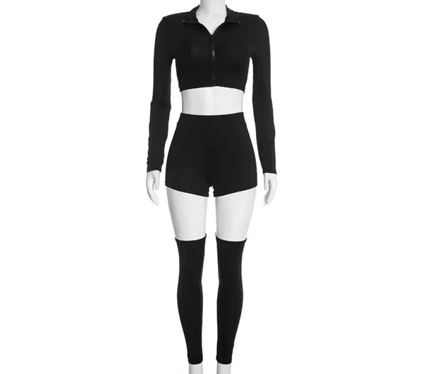 Women Fashion Zip Up Full Sleeve Crop Three Piece Short Set