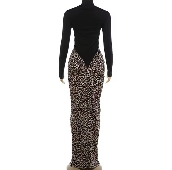 Women Sexy Full Sleeve Black Leopard Patchwork Maxi Dress