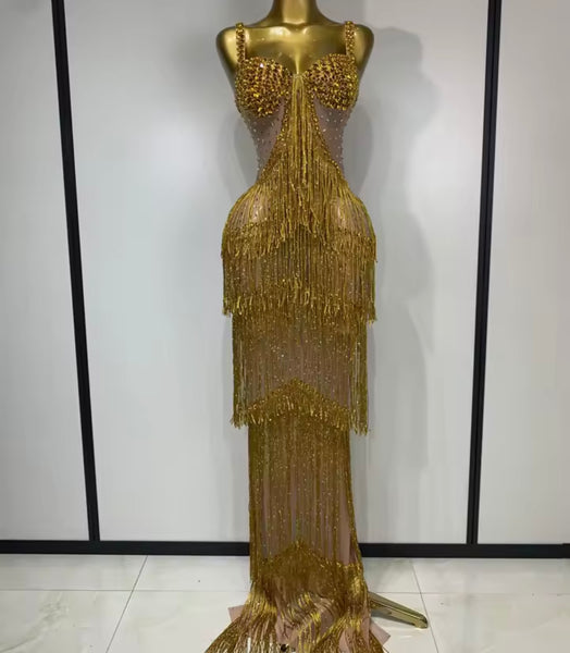 Women Sexy Rhinestone Sleeveless Fringe Tassel Maxi Dress
