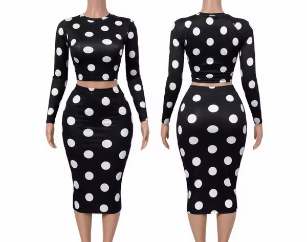 Women B&W Polka Dot Full Sleeve Crop Two Piece Skirt Set