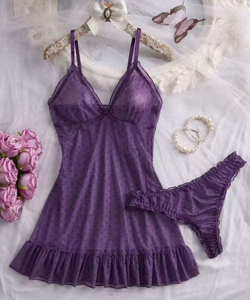 Women Sexy Sleeveless Printed Mesh Nightgown Lingerie Set