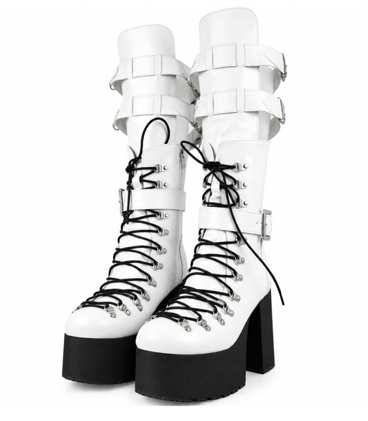 Women Color Lace Up Buckle Platform Knee High Boots