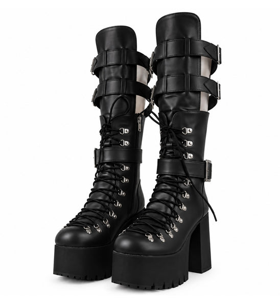 Women Color Lace Up Buckle Platform Knee High Boots