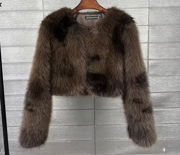 Women Fashion Mix Color Faux Fur Jacket