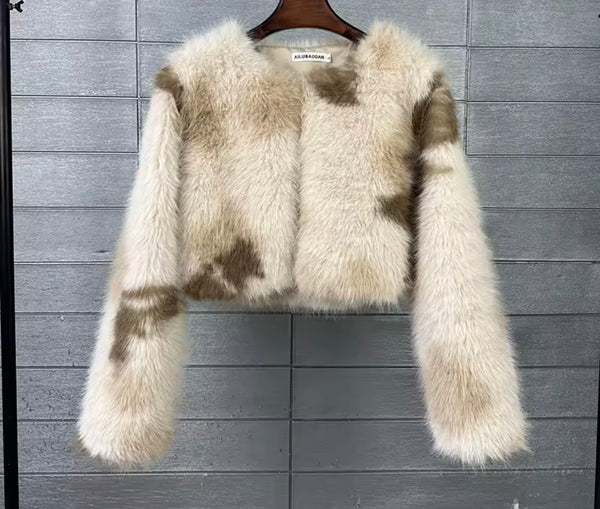Women Fashion Mix Color Faux Fur Jacket
