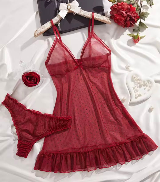 Women Sexy Sleeveless Printed Mesh Nightgown Lingerie Set
