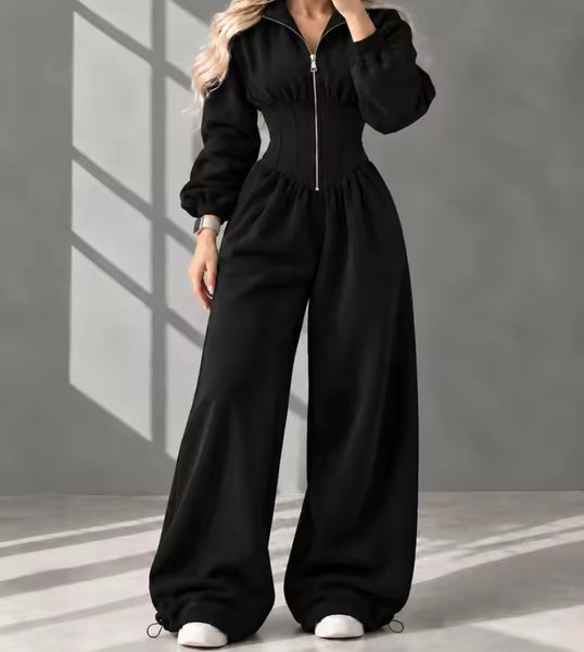 Women Zip Up Full Sleeve Ruched Fashion Jumpsuit