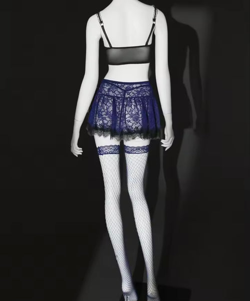 Women Sexy Blue Lace Bow Lingerie Set