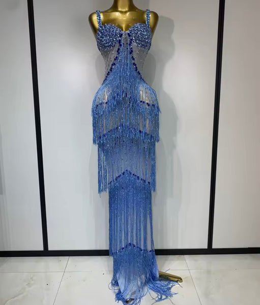 Women Sexy Rhinestone Sleeveless Fringe Tassel Maxi Dress