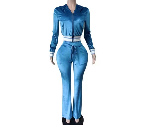 Women Color Striped Hooded Zip Up Velour Tracksuit Two Piece Pant Set