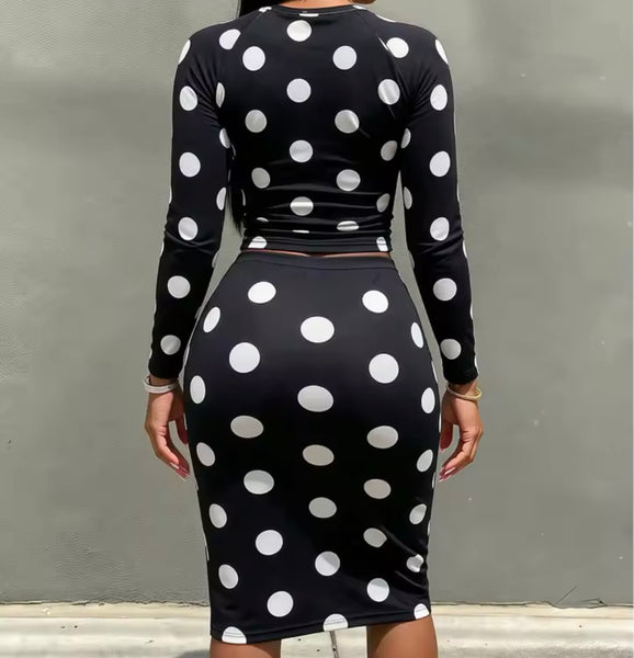 Women B&W Polka Dot Full Sleeve Crop Two Piece Skirt Set