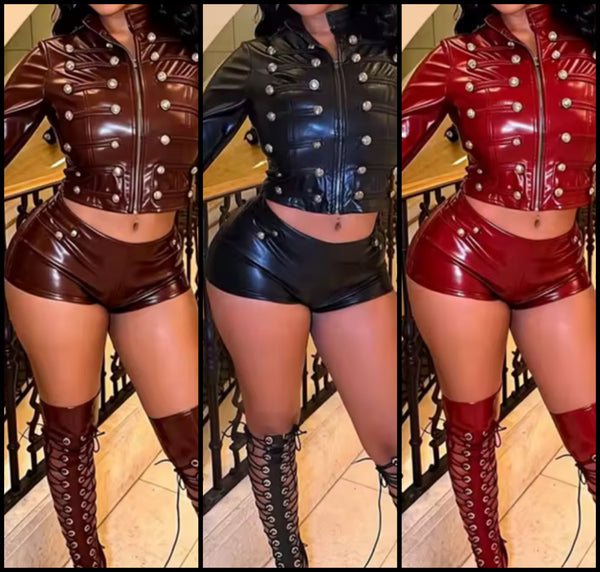 Women Fashion Rivet Zip Up Faux Leather Two Piece Short Set