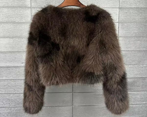 Women Fashion Mix Color Faux Fur Jacket