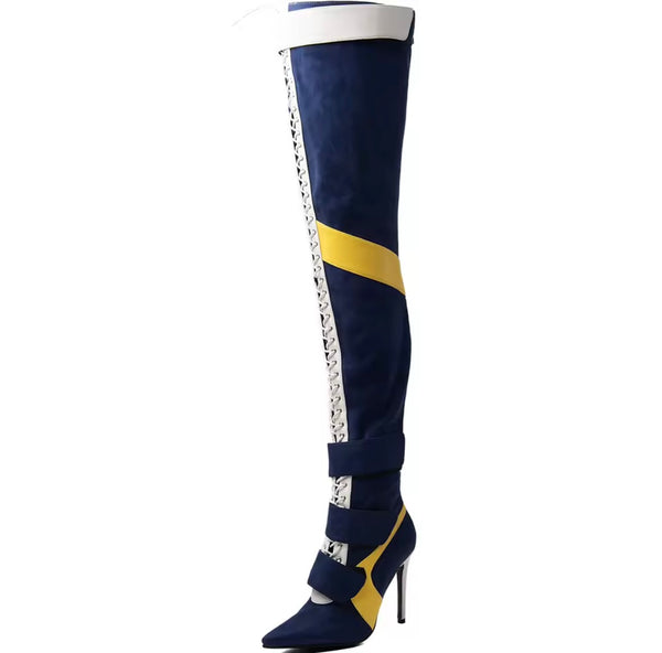 Women Color Patchwork Over The Knee Lace Up High Heel Boots