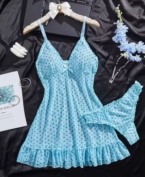 Women Sexy Sleeveless Printed Mesh Nightgown Lingerie Set