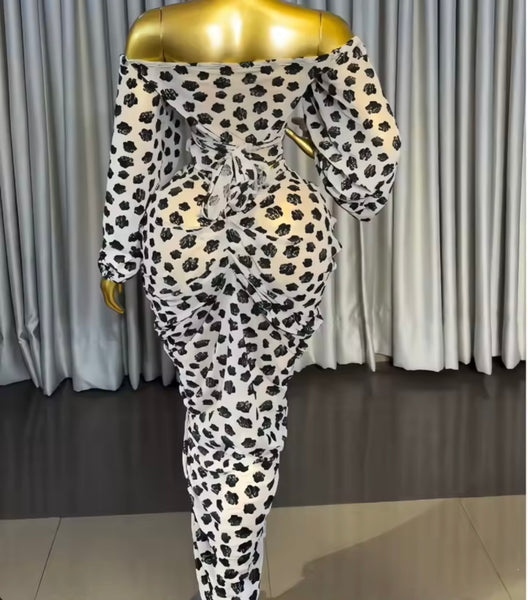 Women Sexy Printed Off The Shoulder Two Piece Maxi Skirt Set