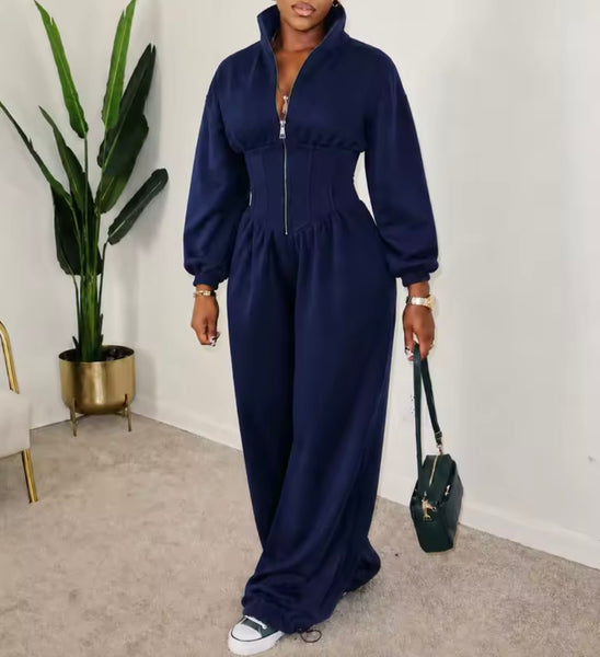 Women Zip Up Full Sleeve Ruched Fashion Jumpsuit