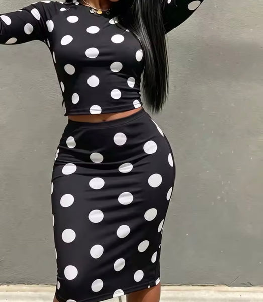 Women B&W Polka Dot Full Sleeve Crop Two Piece Skirt Set