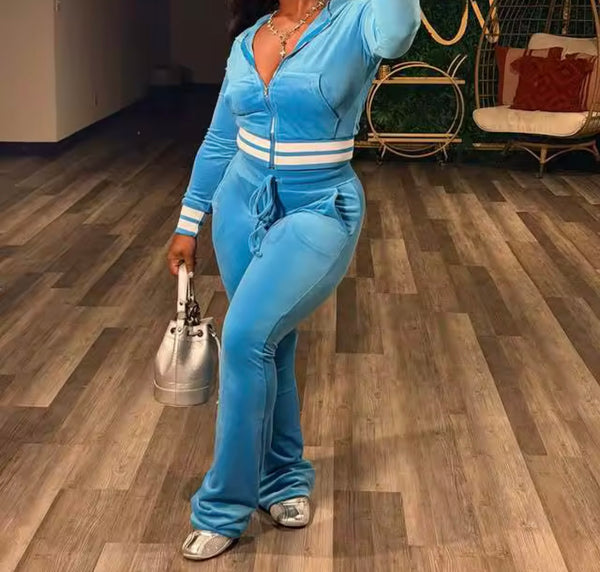 Women Color Striped Hooded Zip Up Velour Tracksuit Two Piece Pant Set