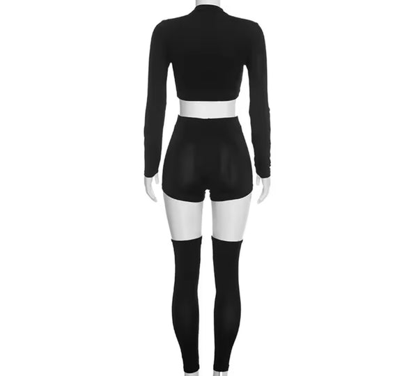 Women Fashion Zip Up Full Sleeve Crop Three Piece Short Set