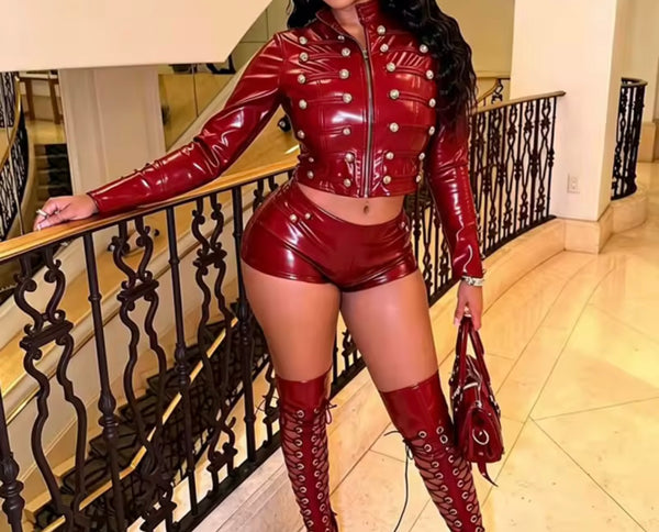Women Fashion Rivet Zip Up Faux Leather Two Piece Short Set