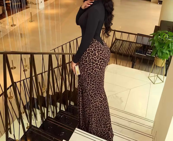 Women Sexy Full Sleeve Black Leopard Patchwork Maxi Dress