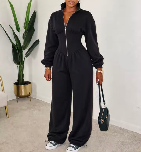 Women Zip Up Full Sleeve Ruched Fashion Jumpsuit
