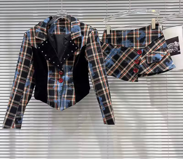 Women Sexy Fashion Plaid Full Sleeve Two Piece Wrap Skirt Set