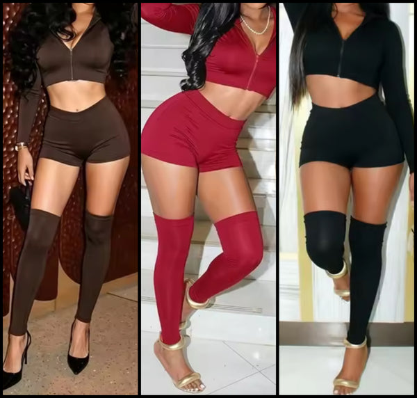 Women Fashion Zip Up Full Sleeve Crop Three Piece Short Set