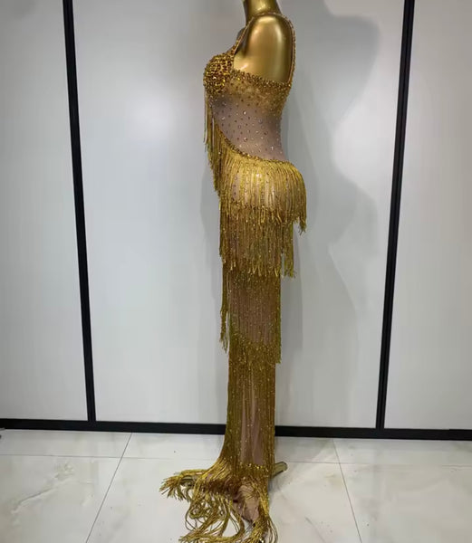 Women Sexy Rhinestone Sleeveless Fringe Tassel Maxi Dress
