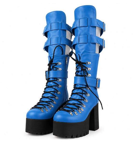 Women Color Lace Up Buckle Platform Knee High Boots