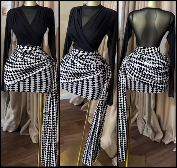 Women Sexy Black Mesh Full Sleeve Two Piece Printed Skirt Set