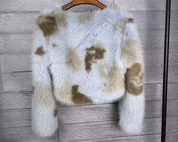 Women Fashion Mix Color Faux Fur Jacket