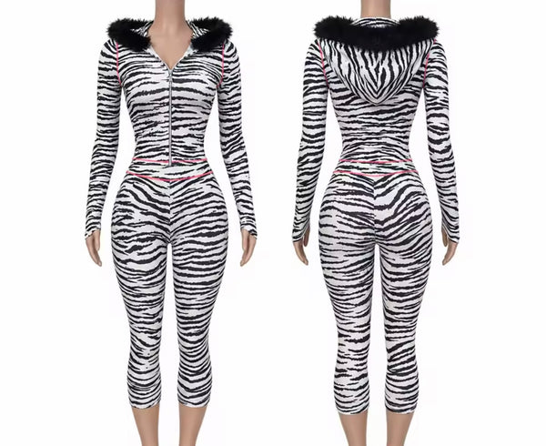 Women Zebra Print Fur Hooded Full Sleeve Two Piece Capri Pant Set