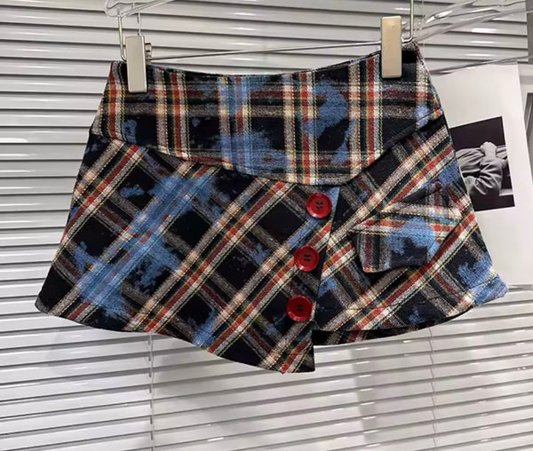 Women Sexy Fashion Plaid Full Sleeve Two Piece Wrap Skirt Set