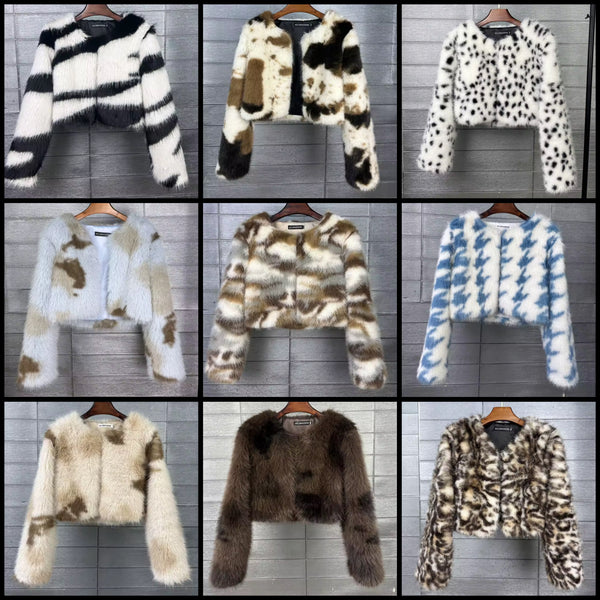 Women Fashion Mix Color Faux Fur Jacket