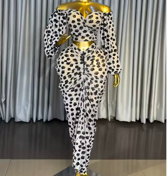Women Sexy Printed Off The Shoulder Two Piece Maxi Skirt Set