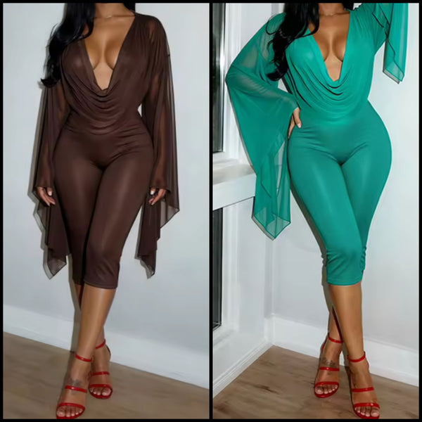 Women V-Neck Ruched Full Flare Sleeve Two Piece Capri Pant Set