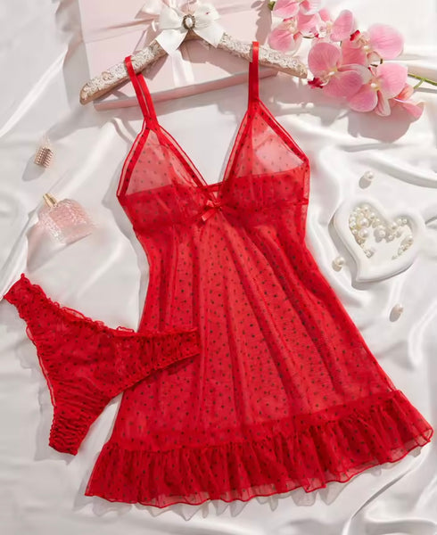 Women Sexy Sleeveless Printed Mesh Nightgown Lingerie Set